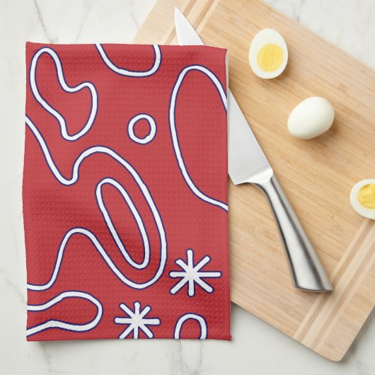 Happy Blobs - Rood, Wit en Blauw Squiggles Theedoek (Quarter Fold)