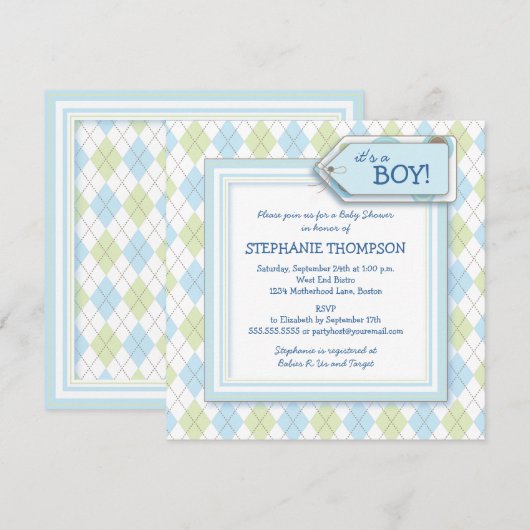 Happy Blue Argyle Boy Baby shower Uitnodiging (Voorkant / Achterkant)