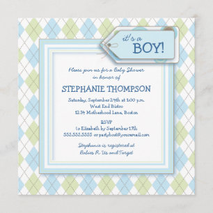 Happy Blue Argyle Boy Baby shower Uitnodiging