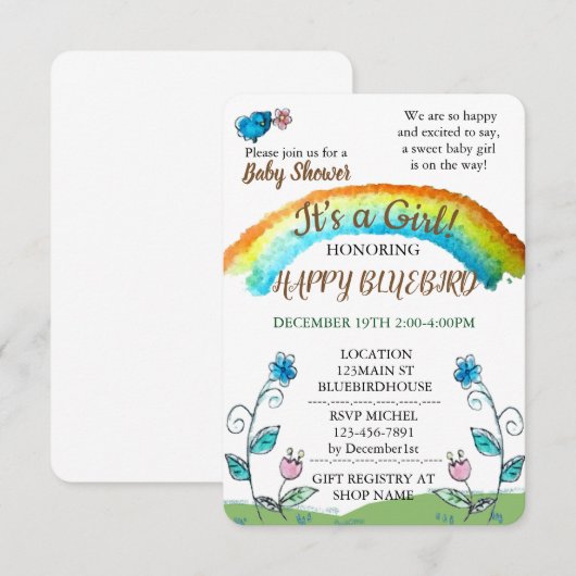 Happy Blue Bird Baby shower Kaart (Voorkant / Achterkant)