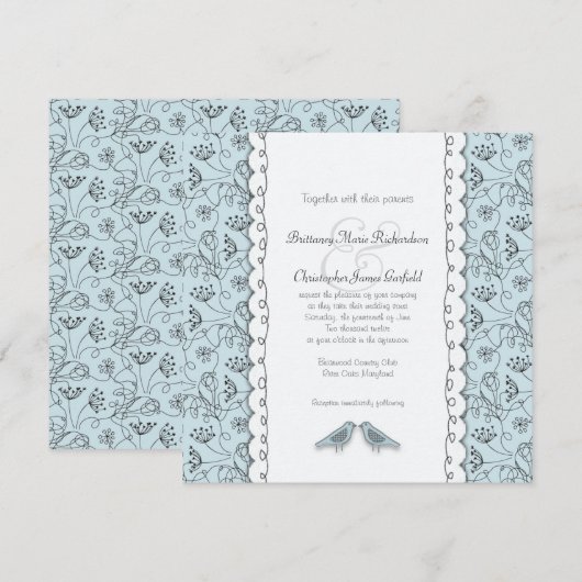 Happy Blue Birds Wedding Doodle Trendy Square Kaart (Voorkant / Achterkant)