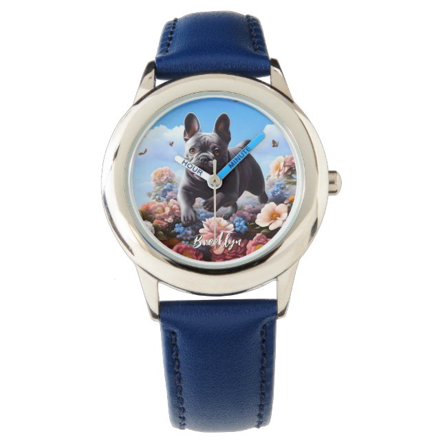 Happy Blue Franse Bulldog & Bloemen Horloge (Voorkant)