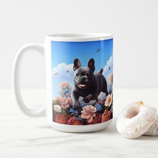 Happy Blue Franse Bulldog & Bloemen Koffiemok (Met donut)