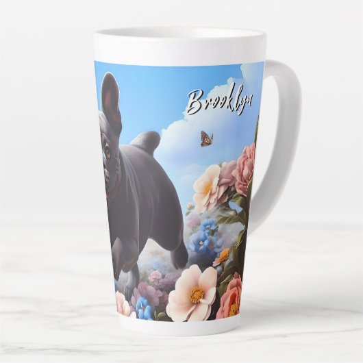 Happy Blue Franse Bulldog & Bloemen Latte Mok (Rechterhoek)