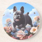 Happy Blue Franse Bulldog & Bloemen Zandsteen Onderzetter (Voorkant)