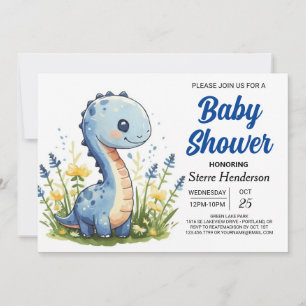 Happy Blue Funny Dinosaur Boy Baby shower Kaart