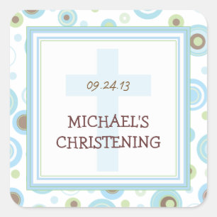 Happy Blue Stippen Cross Christening Baptisme Stic Vierkante Sticker