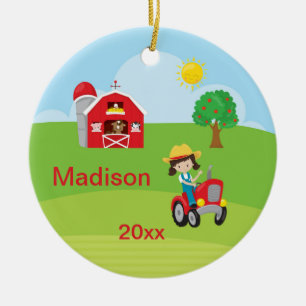 Happy Boerderij Girl Barn Tractor Animals Brown Keramisch Ornament