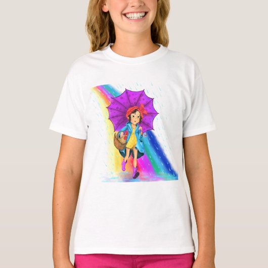 Happy Boerderij Meisje met Paraplu T-Shirt (Voorkant)