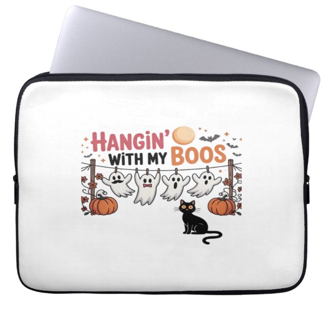 Happy Boo-Day Ghost Cat PNG - Spookachtig Schattig Laptop Sleeve (Voorkant)