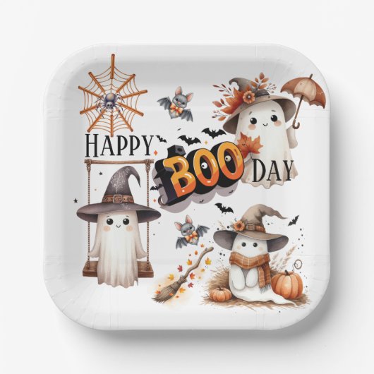 Happy BOO Day Schattigee Waterverf Ghost Herfst Papieren Bordje (Voorkant)