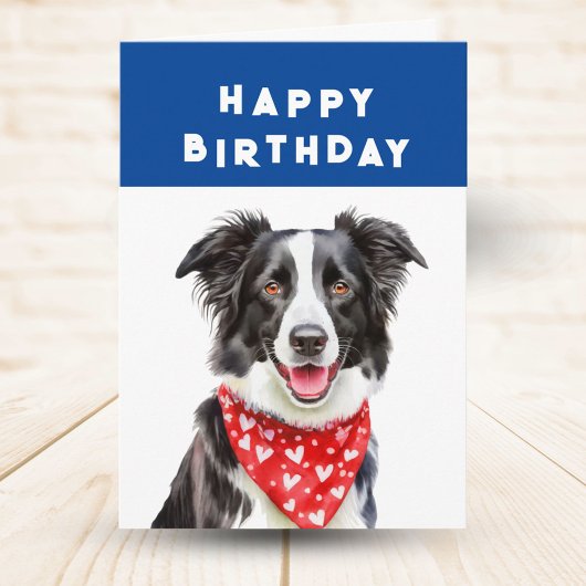 Happy Border Collie Red Heart Bandana Verjaardag Kaart