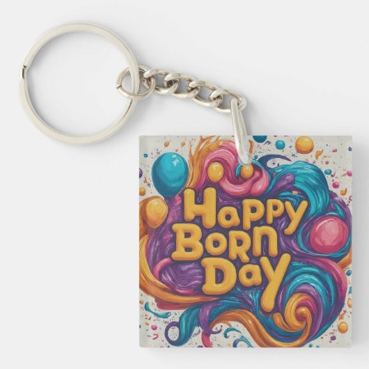 Happy Born Day Square Sleutelhanger (Voorkant)