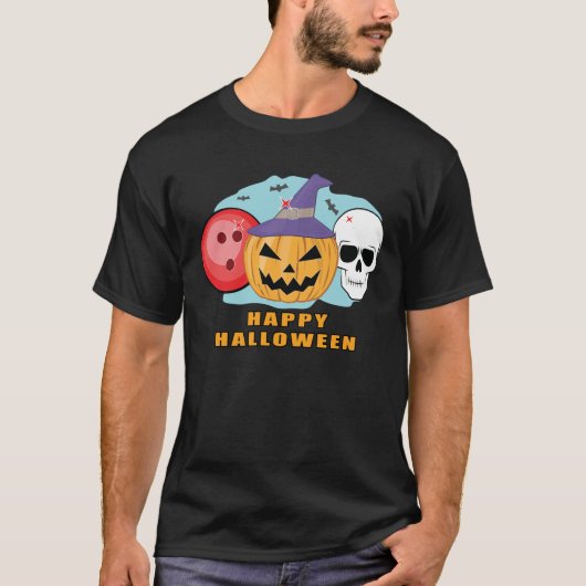 Happy Bowling Halloween - Spooky Skull en Pompoen T-shirt (Voorkant)