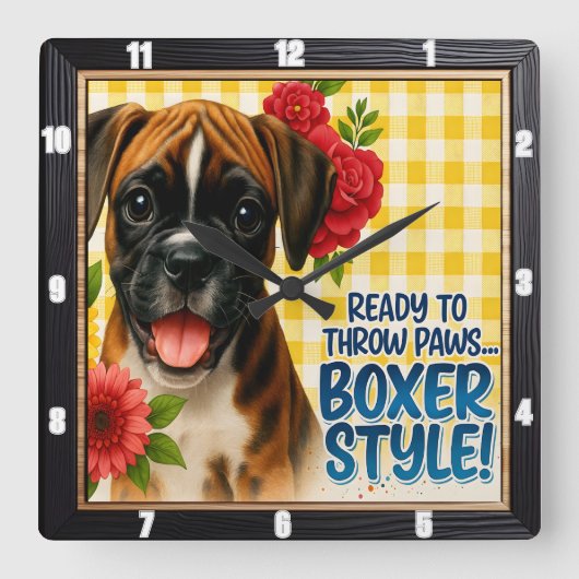 Happy Boxer Puppy Bloemen Vierkante Klok (Voorkant)