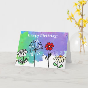 Happy bright cartoon bloemen op waterverven kaart