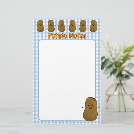 Happy Brown Aardappel Blue Gingham Briefpapier (Staand voorkant)