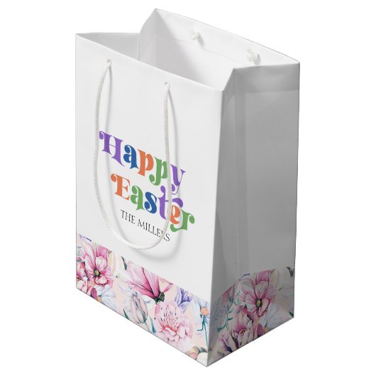 Happy Brunch Typografie Pastel Bloemen Patroon Medium Cadeauzakje (Achterkant Gekanteld)