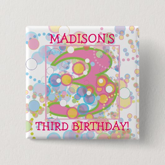 Happy Bubbles nummer drie, drie verjaardag Vierkante Button 5,1 Cm (Voorkant)