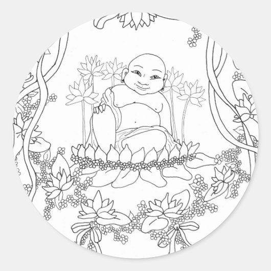 Happy Buddha met Lotus Ronde Sticker (Voorkant)