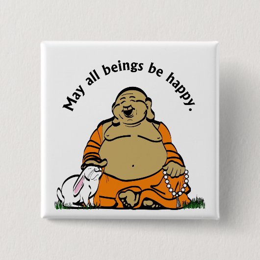 HAPPY BUDDHA VIERKANTE BUTTON 5,1 CM (Voorkant)