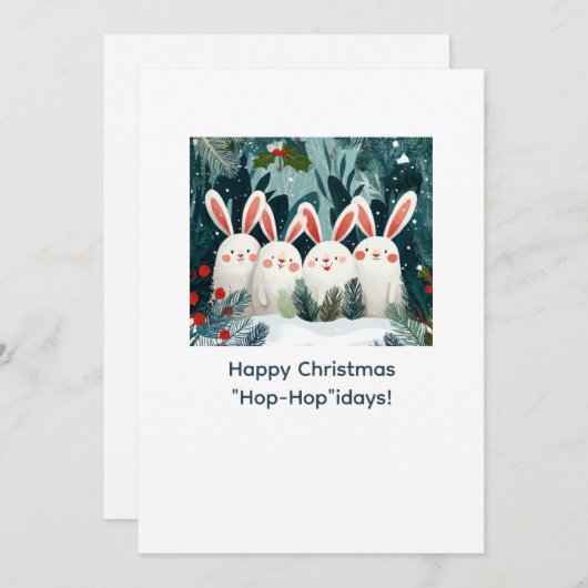 Happy Bunnies Christmas Card with Custom Message Feestdagenkaart (Voorkant / Achterkant)