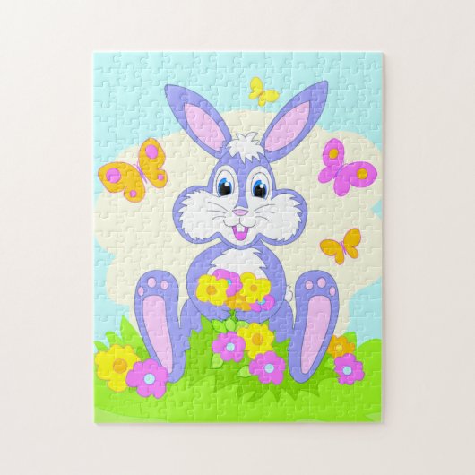 Happy Bunny Butterflies Flowers Cute Paars Rabbit Legpuzzel (Verticaal)