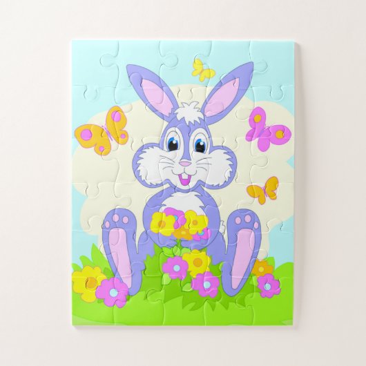 Happy Bunny Butterflies Flowers Cute Paars Rabbit Legpuzzel (Verticaal)