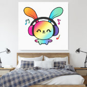 Happy Bunny met hoofdtelefoons die naar muziek lui Canvas Afdruk (Insitu (Slaapkamer))