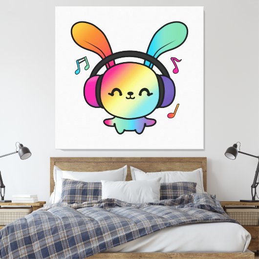 Happy Bunny met hoofdtelefoons die naar muziek lui Canvas Afdruk (Insitu (Slaapkamer))