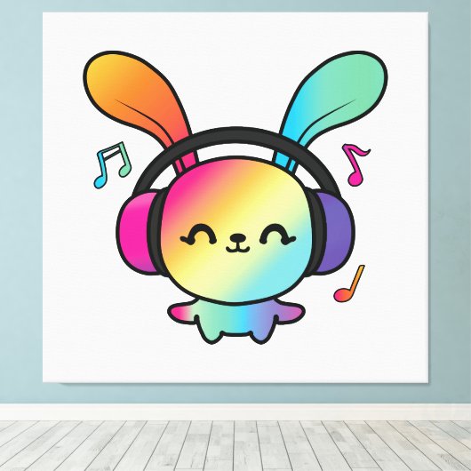 Happy Bunny met hoofdtelefoons die naar muziek lui Canvas Afdruk (Insitu (Houten vloer))