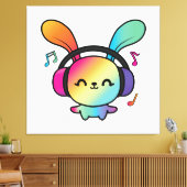 Happy Bunny met hoofdtelefoons die naar muziek lui Canvas Afdruk (Insitu (Woonkamer))
