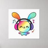 Happy Bunny met hoofdtelefoons die naar muziek lui Canvas Afdruk (Voorkant)