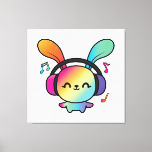 Happy Bunny met hoofdtelefoons die naar muziek lui Canvas Afdruk