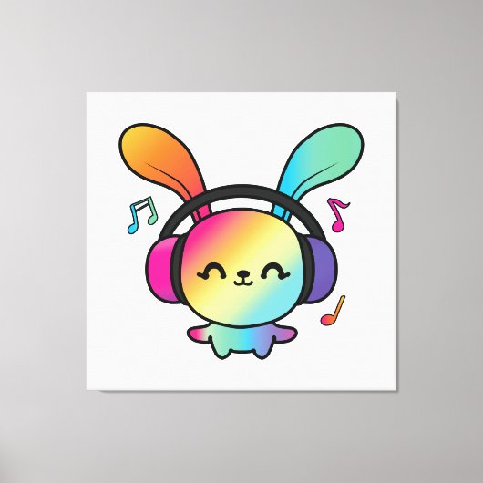 Happy Bunny met hoofdtelefoons die naar muziek lui Canvas Afdruk (Voorkant)