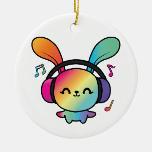 Happy Bunny met hoofdtelefoons die naar muziek lui Keramisch Ornament