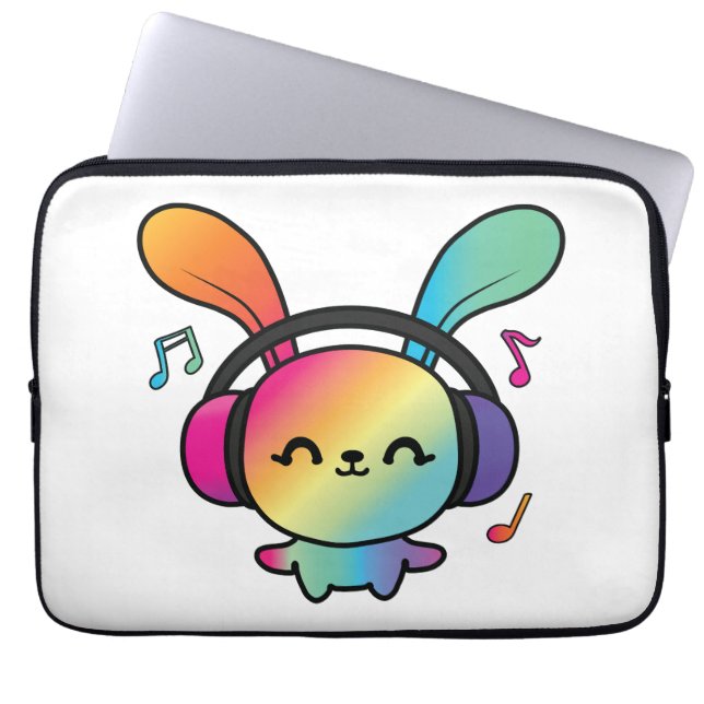 Happy Bunny met hoofdtelefoons die naar muziek lui Laptop Sleeve (Voorkant)