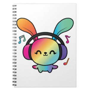 Happy Bunny met hoofdtelefoons die naar muziek lui Notitieboek