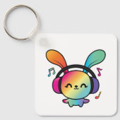 Happy Bunny met hoofdtelefoons die naar muziek lui Sleutelhanger (Voorkant)