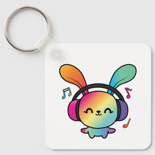 Happy Bunny met hoofdtelefoons die naar muziek lui Sleutelhanger (Voorkant)