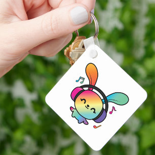 Happy Bunny met hoofdtelefoons die naar muziek lui Sleutelhanger