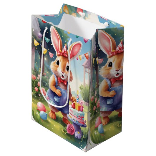 Happy Bunny met taart | Medium Cadeauzakje (Voorkant Gekanteld)