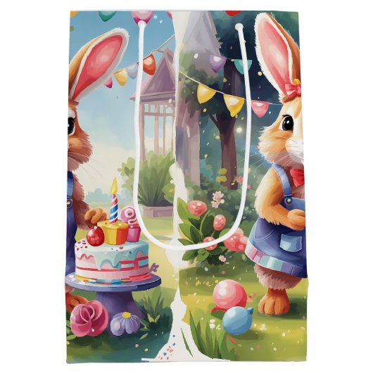 Happy Bunny met taart | Medium Cadeauzakje (Achterkant)