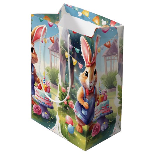 Happy Bunny met taart | Medium Cadeauzakje (Achterkant Gekanteld)