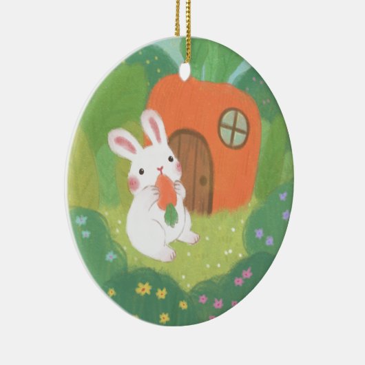 Happy Bunny met wortel in het bos Keramisch Ornament (Rechts)