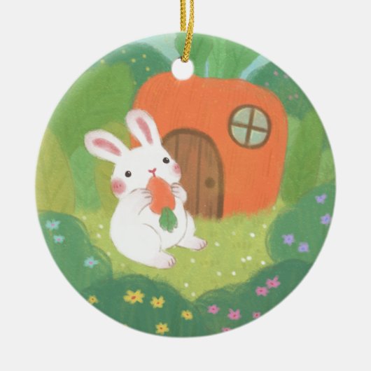 Happy Bunny met wortel in het bos Keramisch Ornament (Voorkant)