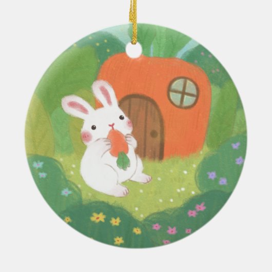 Happy Bunny met wortel in het bos Keramisch Ornament (Achterkant)