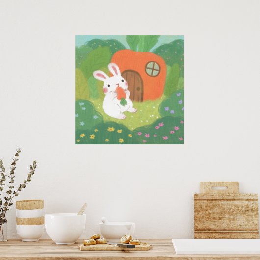 Happy Bunny met wortel in het bos Poster (Keuken)