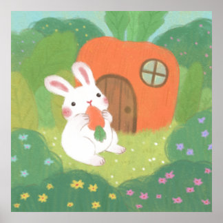 Happy Bunny met wortel in het bos Poster