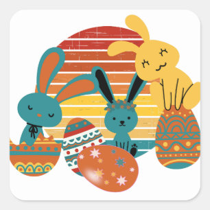 Happy Bunny, Paaseieren, Cute Vierkante Sticker